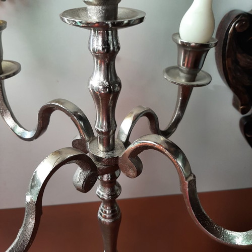 Vintage metal candlestick used, silver color, 40cm height