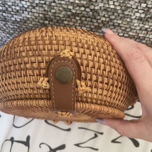 Round Bamboo Rattan Bag with Long Brown Strap