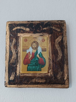 Byzantine icon The Good Shepherd in wooden carved frame, new condition