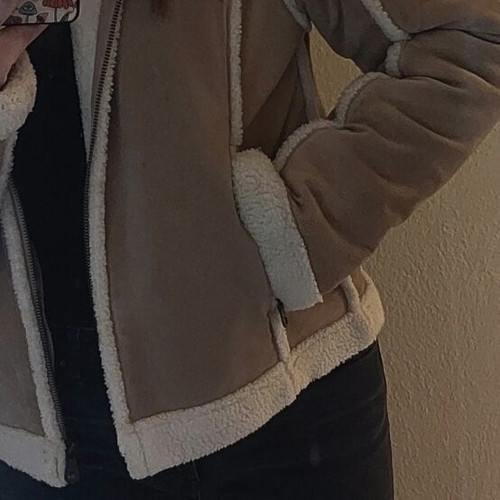 Leather winter jacket used, warm with inner lining, size M, beige and white