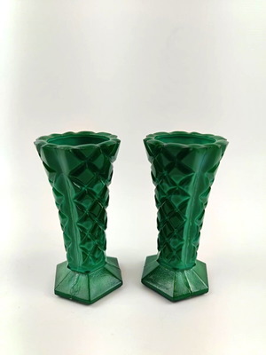 Pair of vintage Bohemian jade glass vases like new