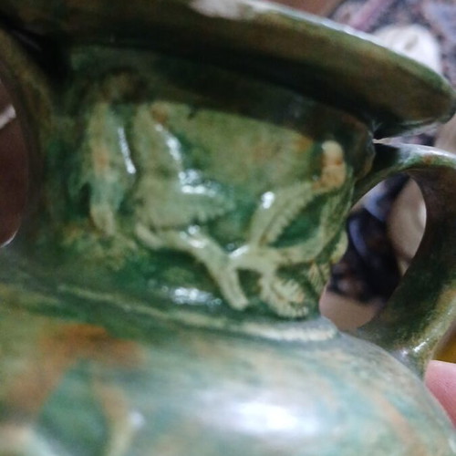 Ceramic amphora with green patina, handmade, used