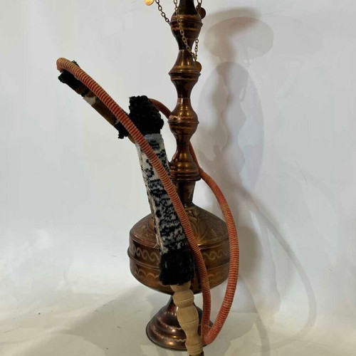 Vintage traditional brass hookah with embossed oriental motifs 51x16