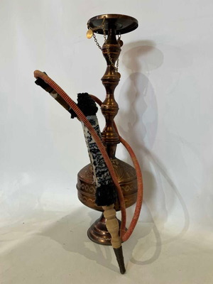 Vintage traditional brass hookah with embossed oriental motifs 51x16