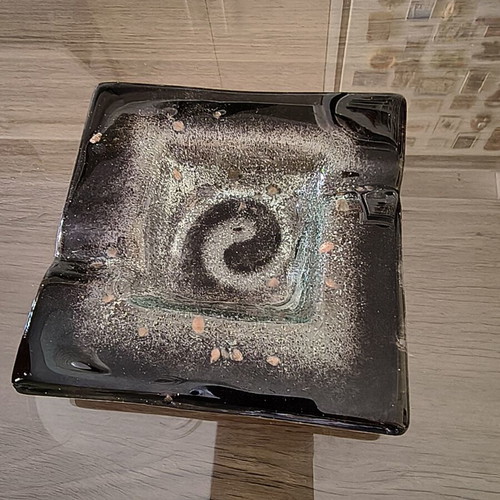 Handmade glass ashtray with black spiral motif