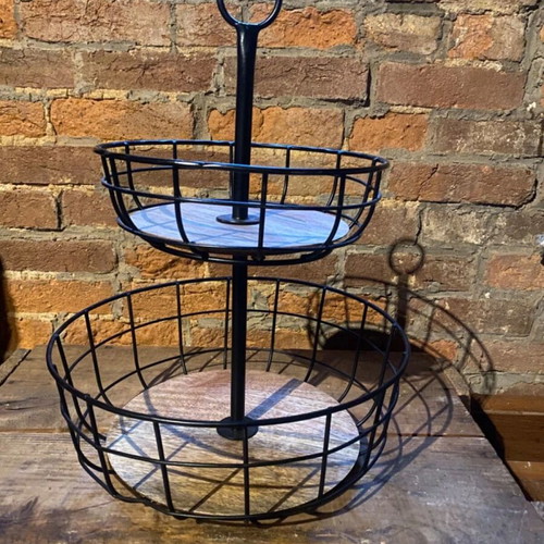 Two-tier fruit basket with wood and black metal wire