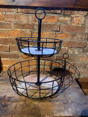 Two-tier fruit basket with wood and black metal wire