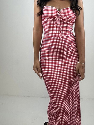 Red and white gingham maxi midi dress with bustier and lace detail