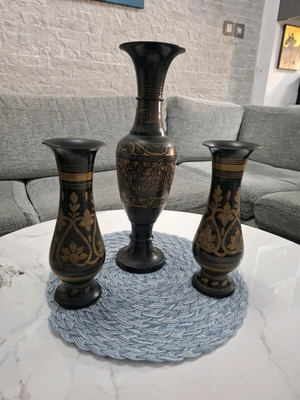 Vintage carved vase set used, 3 pieces, 38cm & 25cm