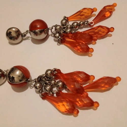 '90s Vintage Long Earrings Used, Orange and Gold Colors