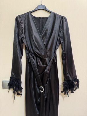 Black Museclo wrap dress Small with feathered sleeves new
