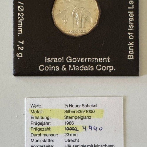 Israel 1987 ½ New Sheqel coin BU silver