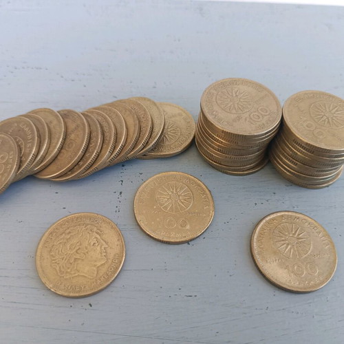 100 Drachma Coins with Alexander the Great and Vergina Sun used, pack of 20
