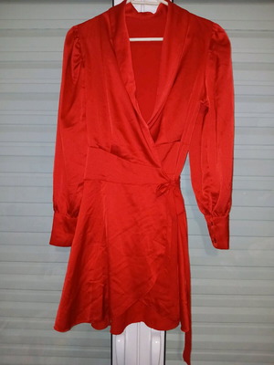 Red satin mini wrap dress with long sleeves like new