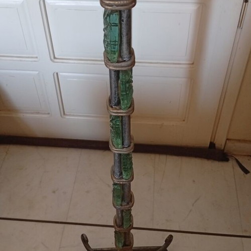 Handmade vintage Brutalist floor candle holder with green glass
