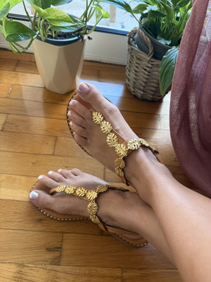 Leather sandals used, Greek made, size 38, brown and gold