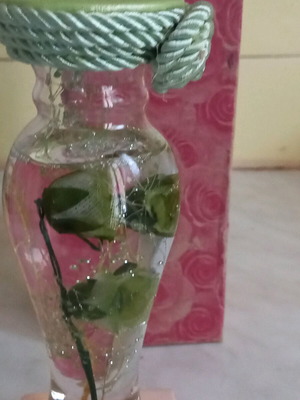 Decorative glass with fabric leaves in water, 18cm height like new
