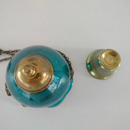 Hanging Oil Lamp Used, Free Blown Glass with Metal Chain