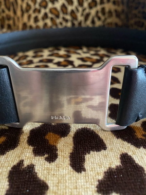 Prada leather belt with silver engraved buckle like new, black, size 75