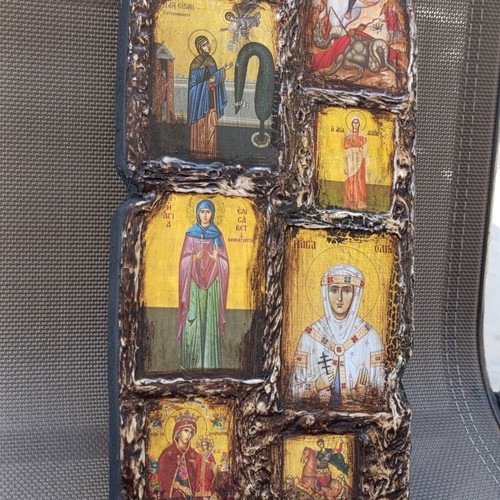 Religious icon composition on wood, 37x14 cm