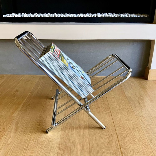 ZACK 1980s Folding Magazine Rack used, metal nickel finish