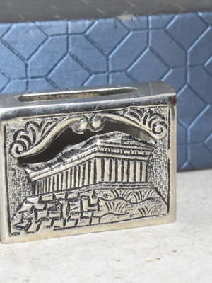 Metal match holder with embossed Parthenon used, vintage