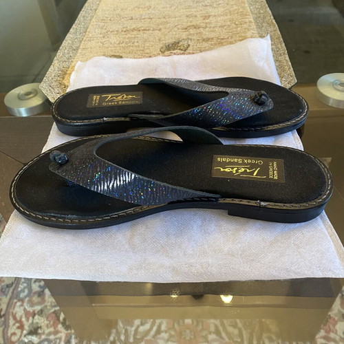 Tresor Greek Sandals leather flip-flops new, black and blue