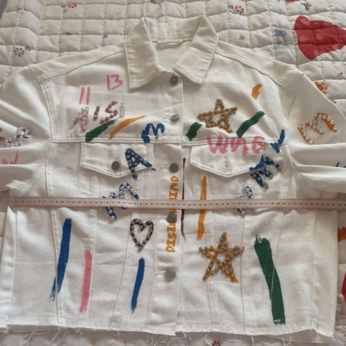 Rock denim jacket white with pearls and colorful details like new