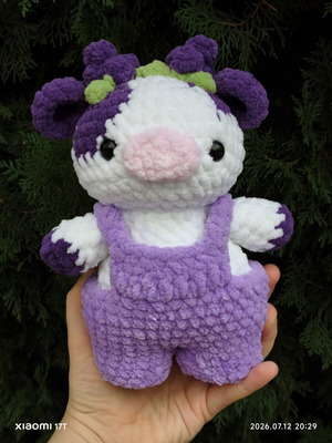 Grape Cow Handmade Plush Toy with Overalls