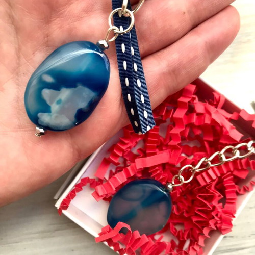 Set of 2 Keychains with Blue Chalcedony Agates and Silver Metal Ring New
