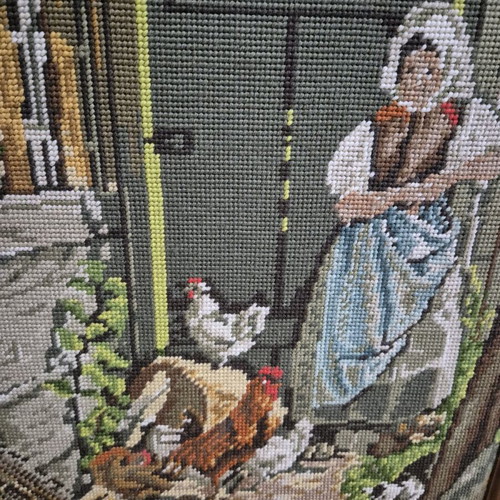 German gobelin in wooden frame like new, village theme