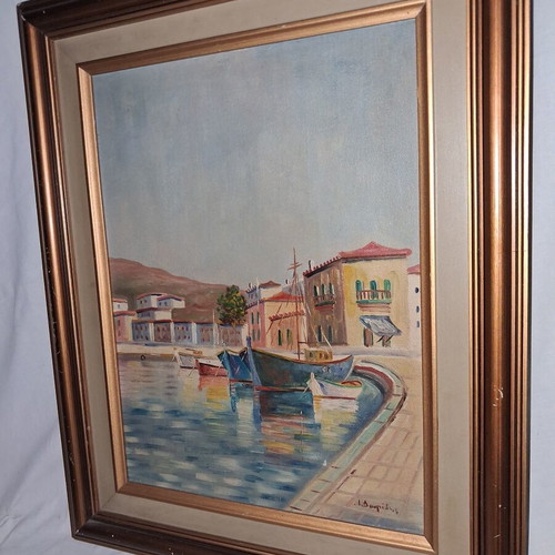 Yiannis Douridis Signed Oil Painting Seascape Greek Harbor