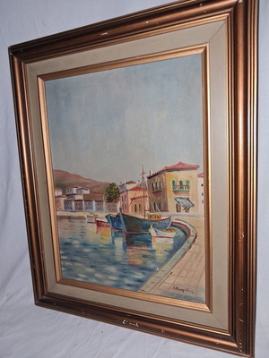 Yiannis Douridis Signed Oil Painting Seascape Greek Harbor