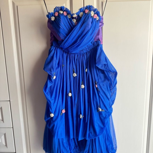 Vintage strapless dress 80s blue with fabric roses size 46 like new