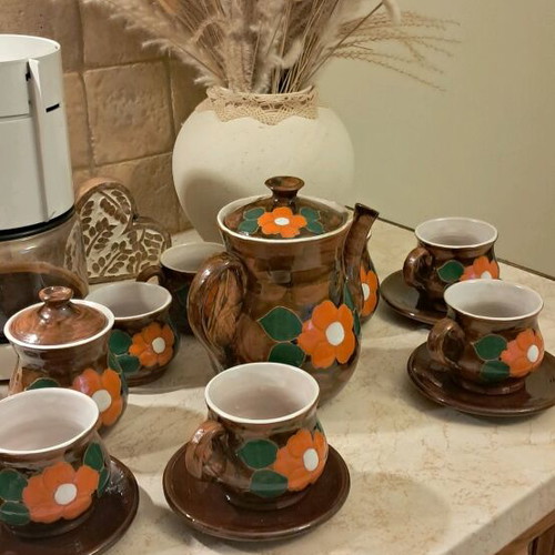 Handmade ceramic tea and coffee set like new, brown orange green