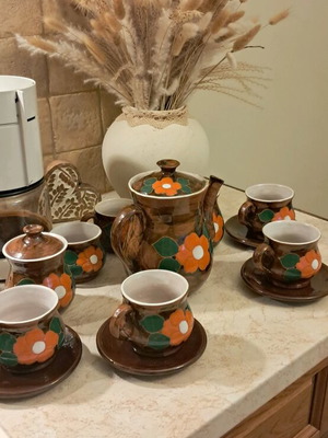 Handmade ceramic tea and coffee set like new, brown orange green