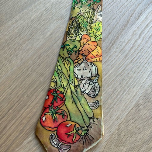 Handmade tie 100% pure silk with painted vegetable design