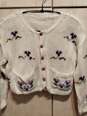 Handmade knitted bolero like new, xs 8-10, white with flowers