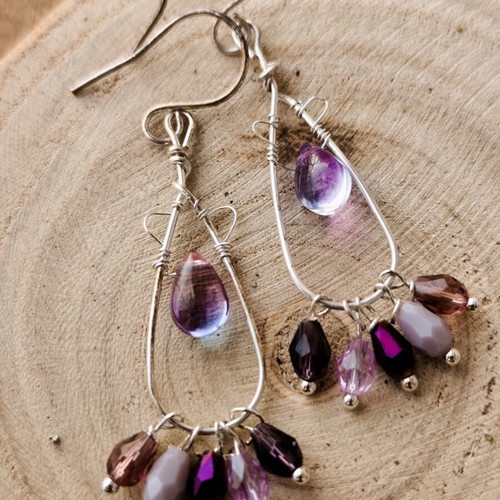 Handmade silver plated copper wire wrapped earrings with purple glass beads
