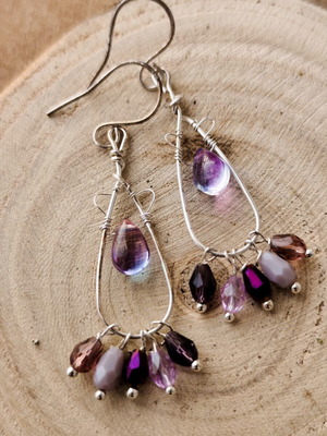 Handmade silver plated copper wire wrapped earrings with purple glass beads