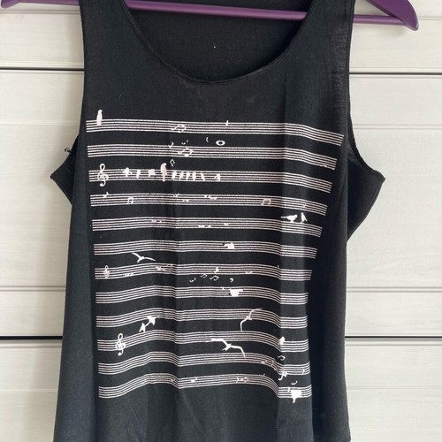 Sleeveless blouse used with musical staff and birds design, black-white, small/medium