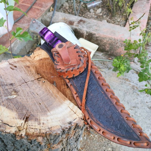 Handmade kukri style hunting knife Damascus steel with leather sheath