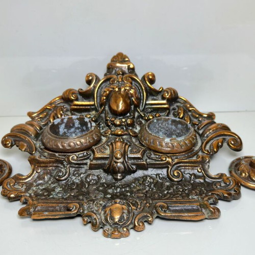 Victorian Baroque style double inkwell, brass with copper plating