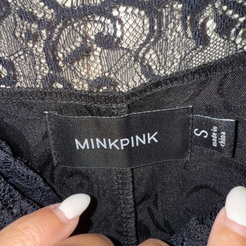 MINKPINK Black Satin Embossed One-Piece Shorts Like New With Lace Size S