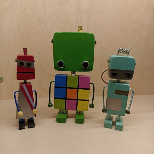 Vintage set of 3 handmade wooden robots new decorative