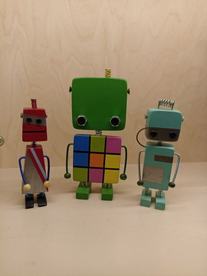 Vintage set of 3 handmade wooden robots new decorative