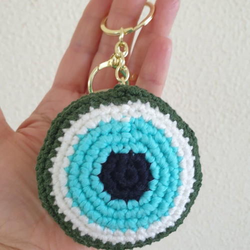 Charm keychain mint eye with olive green crochet handmade, new