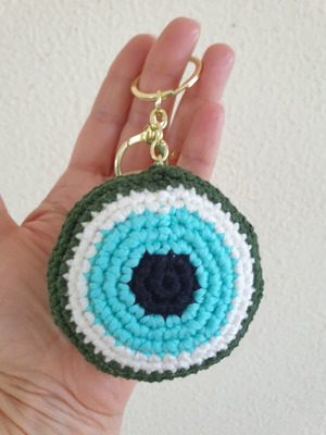 Charm keychain mint eye with olive green crochet handmade, new