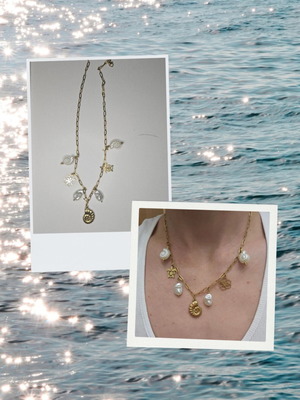 Golden Treasures summer gold stainless steel necklace with shell and pearls
