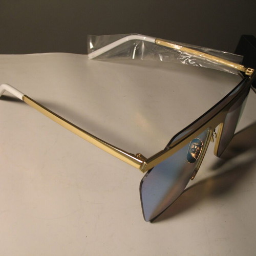 Stylish women's sunglasses with blue mirrored lenses, gold frame